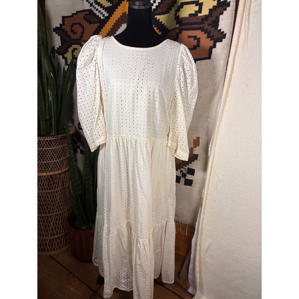 A New Day Eyelet Midi Dress Womens XL White Good Tiered Puff Sleeve Boho